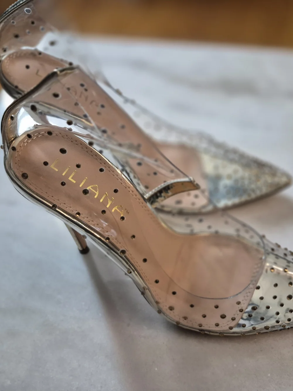 Miss Lola Gold Studded Clear Pointed Slingback Heels